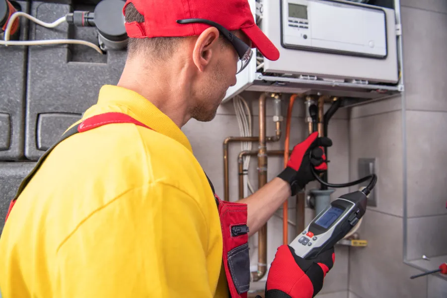 Technician Performs Maintenance on Heating System in Residential Building
